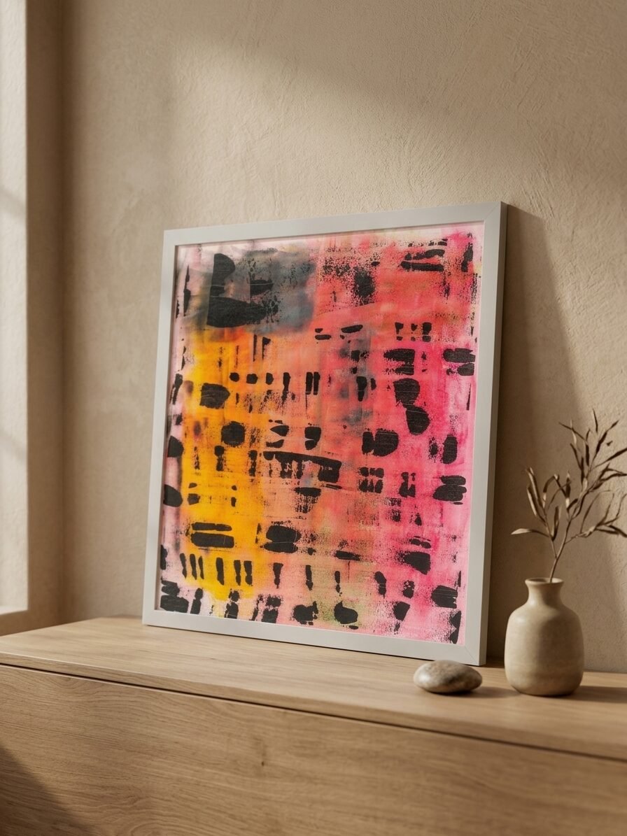 Colorful abstract canvas painting featuring vibrant artistic patterns, perfect for living room and office wall décor.