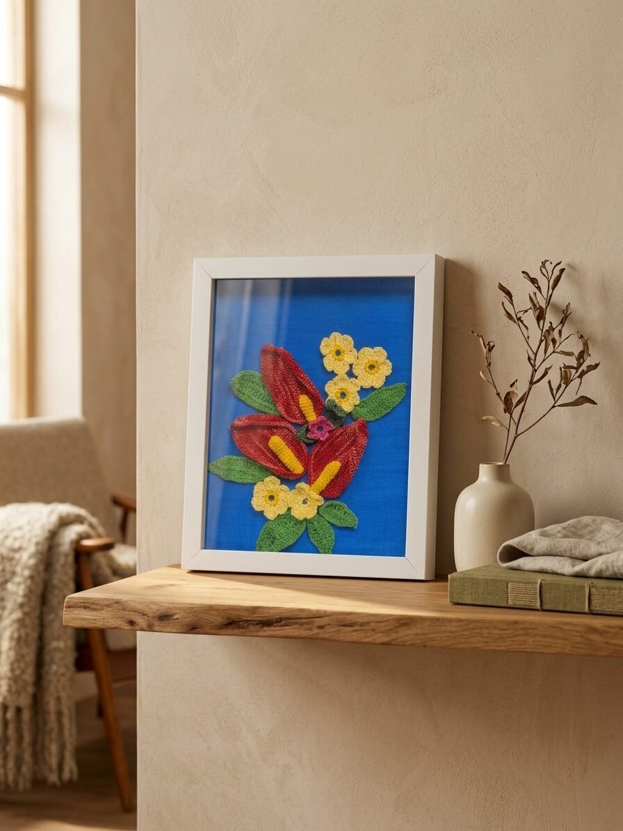 Handmade floral artwork showcasing anthurium leaves and delicate daisy flowers