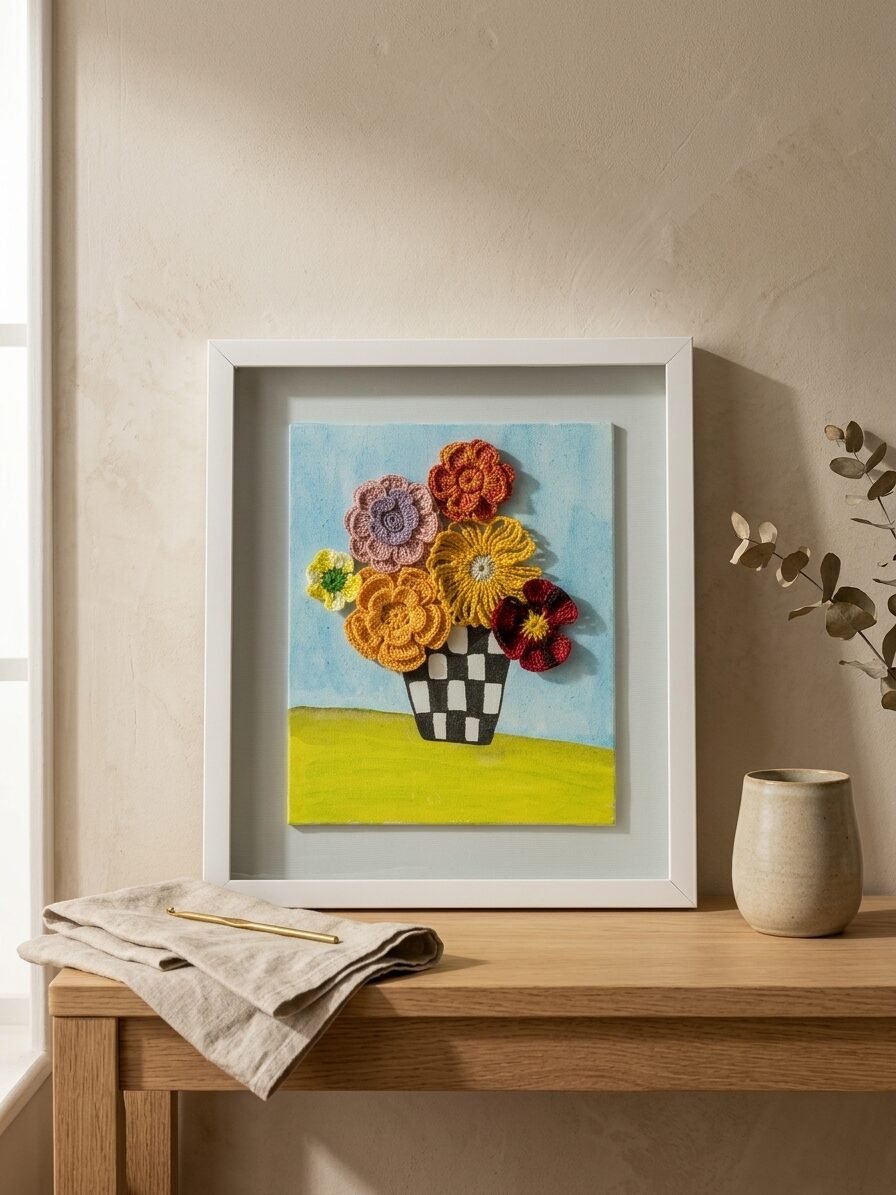 Handmade floral painting showcasing blooming flowers and creative brush textures