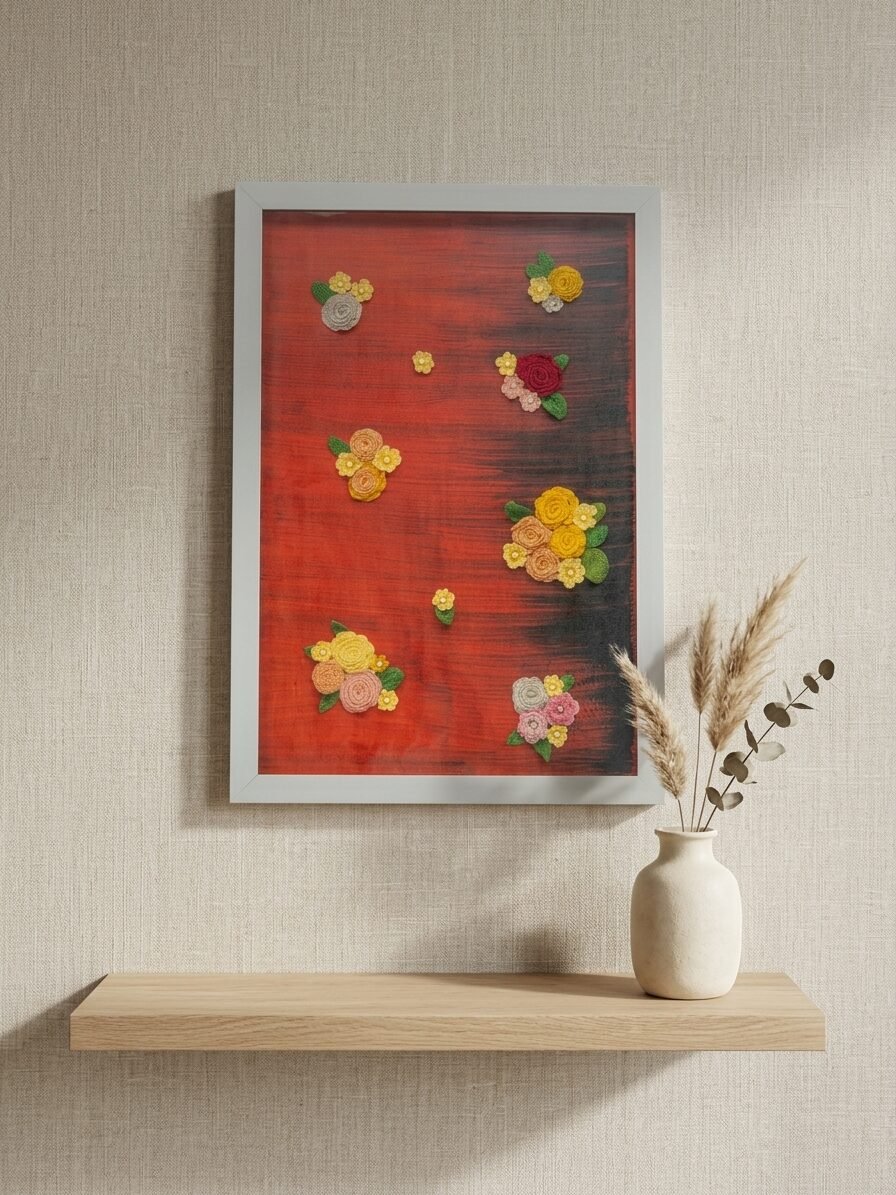 Handmade floral artwork showcasing blooming blossoms on a rich red background