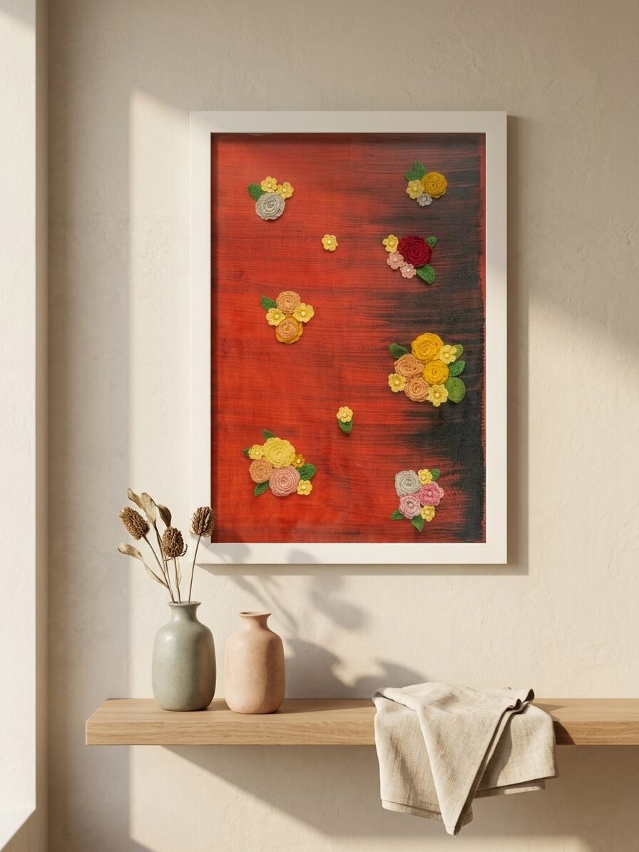 Blossoms on Crimson artwork featuring vibrant flowers, crimson tones, and elegant floral details