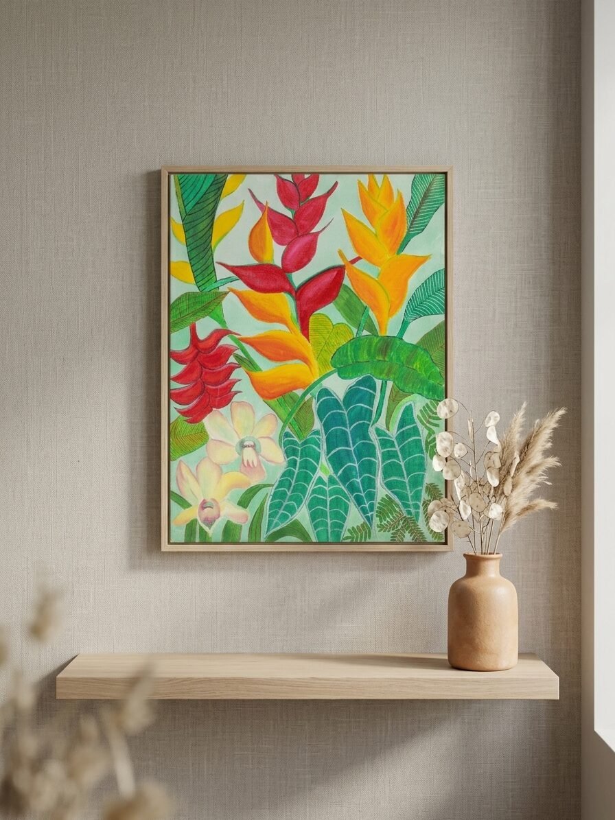 Handmade botanical artwork showcasing tropical plants and elegant floral patterns