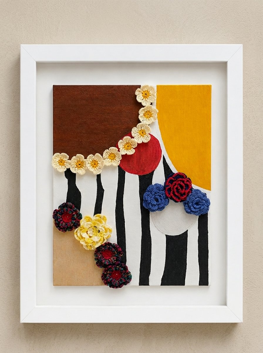 Botanical Rhythm Handcrafted Wall Art with crochet flowers and abstract geometric design