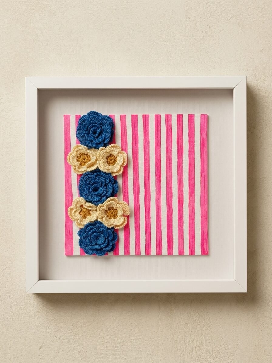 Bloomscape Handcrafted Wall Art with crochet blue and ivory flowers