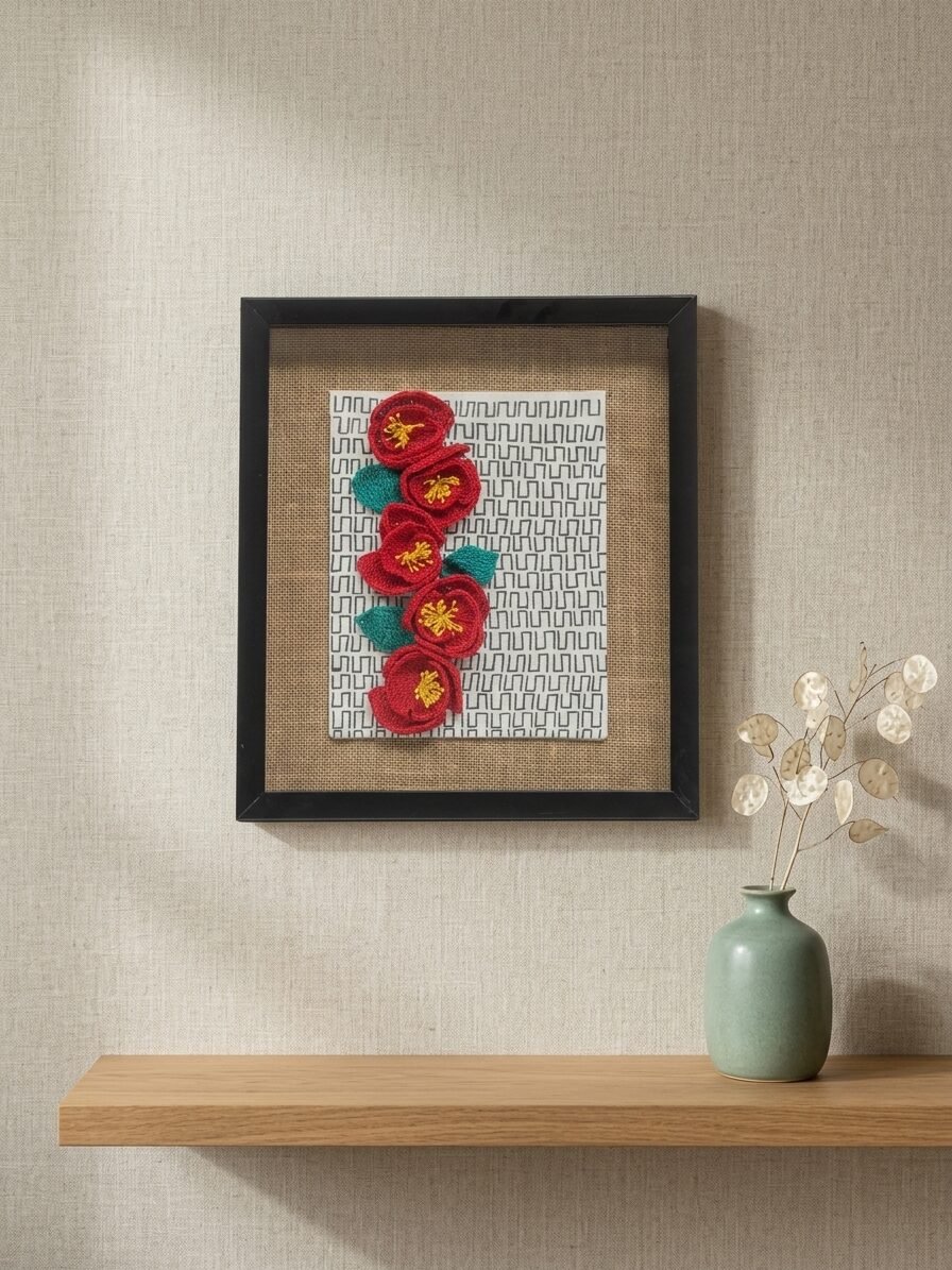 Abstract illustration featuring deep red shades, textures, and elegant design elements