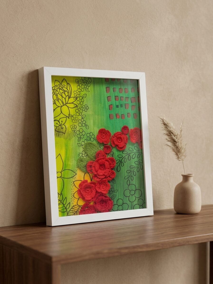 Creative flower illustration featuring red petals and flowing botanical elements