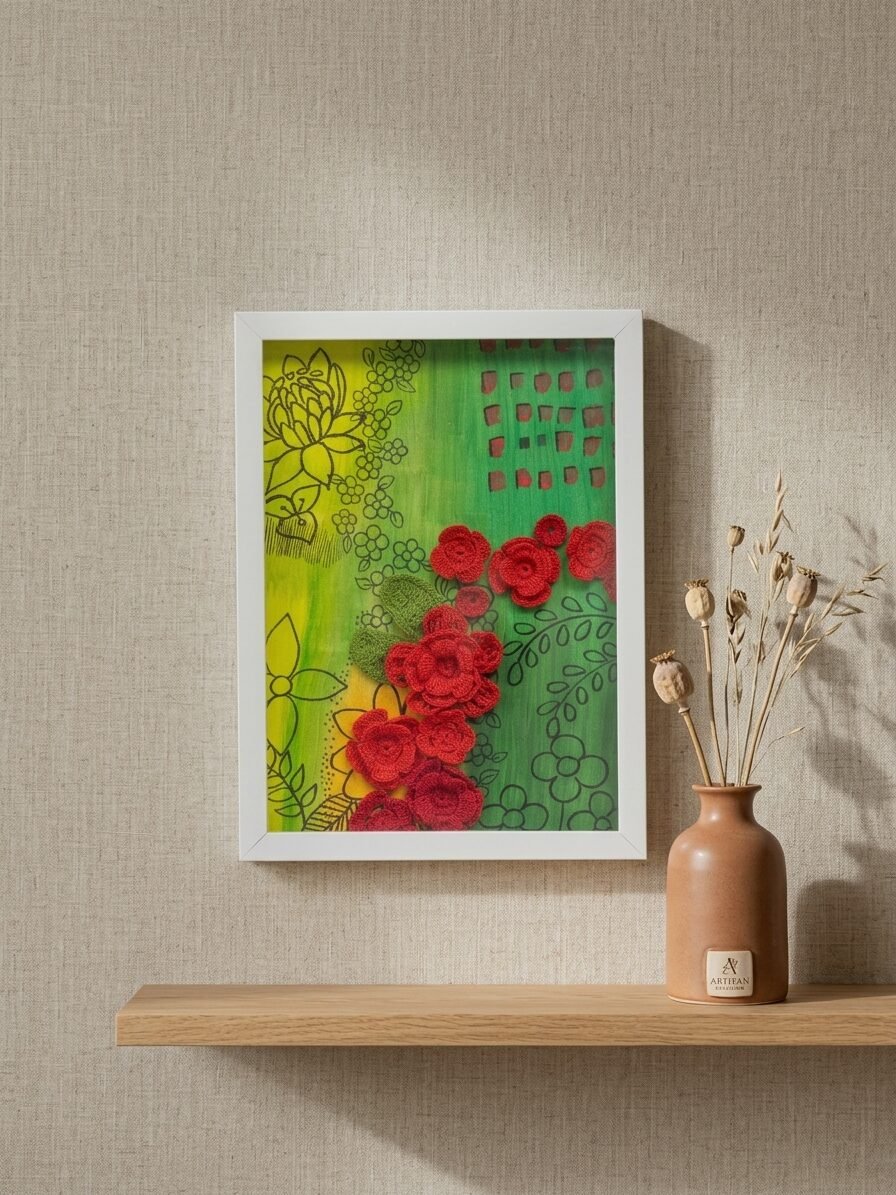 Handmade floral artwork showcasing crimson blooms and elegant natural beauty