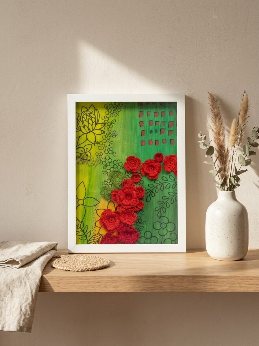 Crimson Cascade artwork featuring deep red flowers, cascading petals, and artistic botanical details