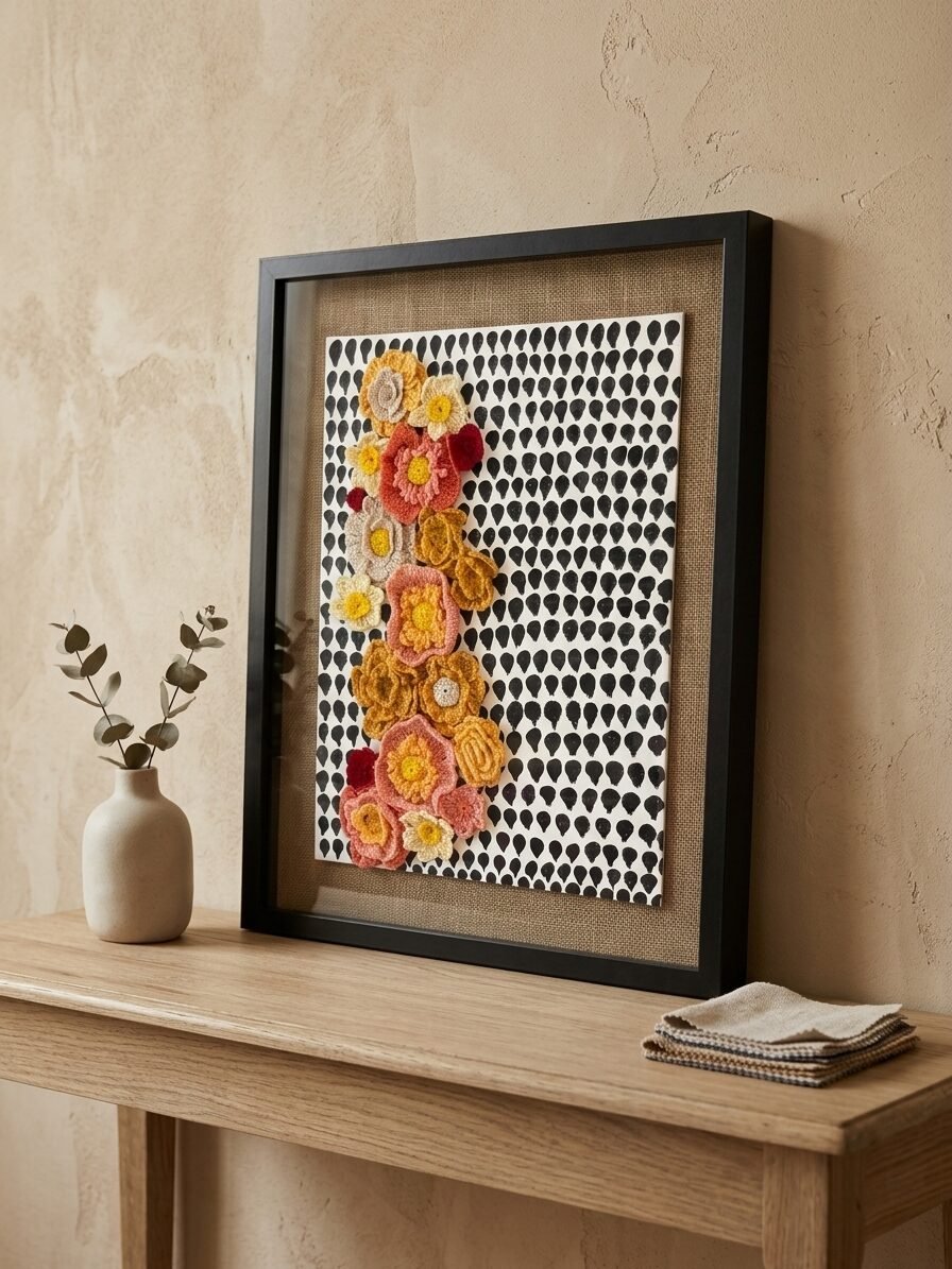 Creative fiber artwork with crochet elements and decorative textile details