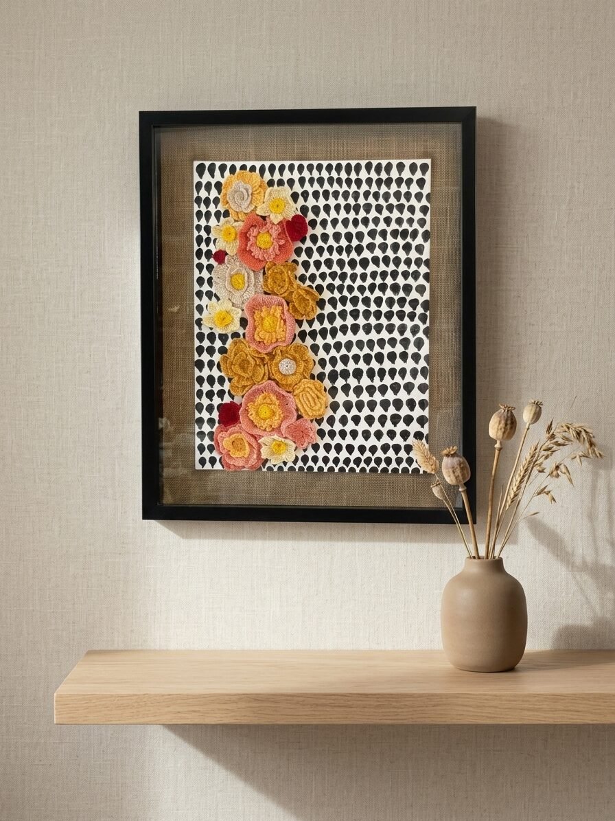 Handmade crochet wall art showcasing detailed patterns and artistic craftsmanship