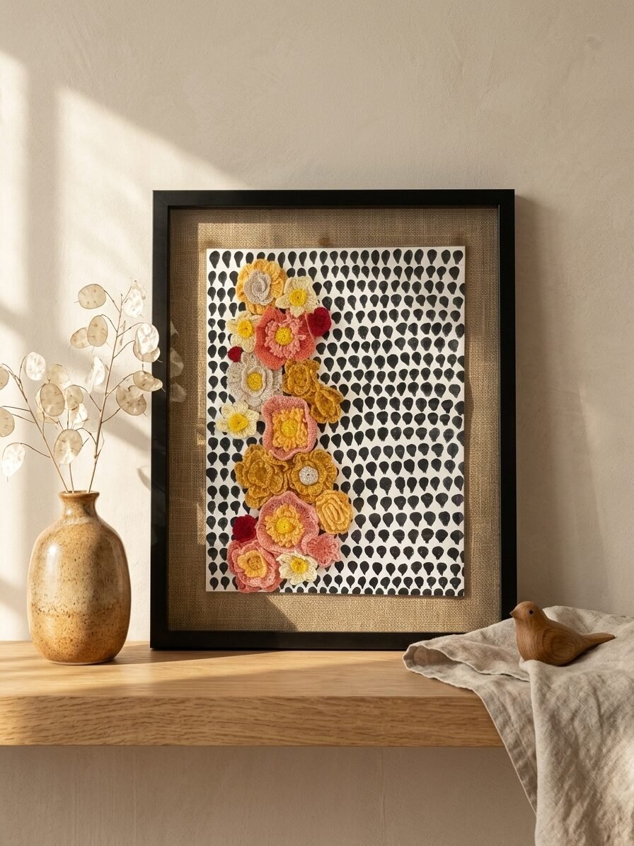 Crochet Reverie artwork featuring handmade crochet patterns, textile textures, and creative designs