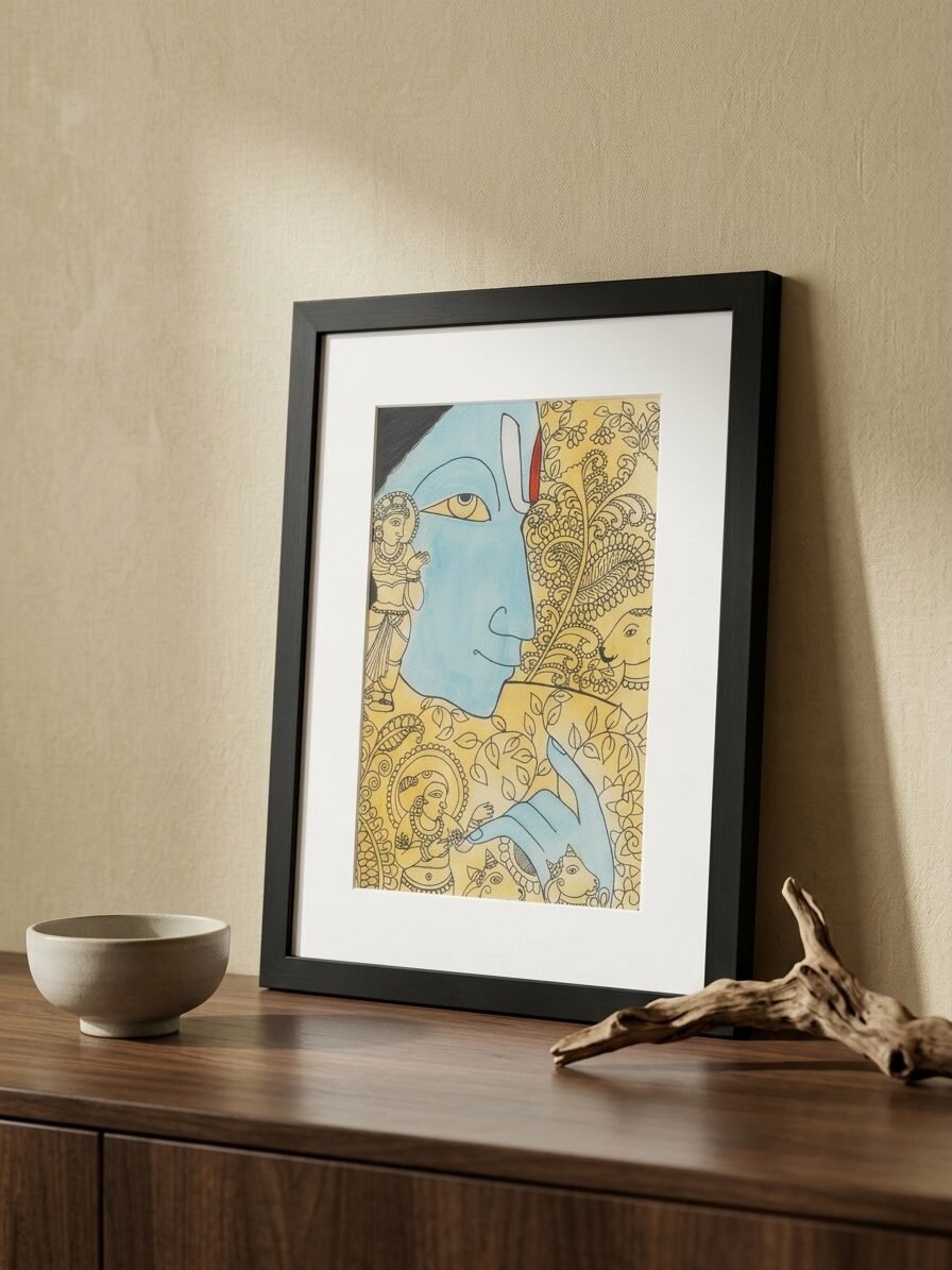 Traditional spiritual illustration of Lord Vishnu with elegant doodle details