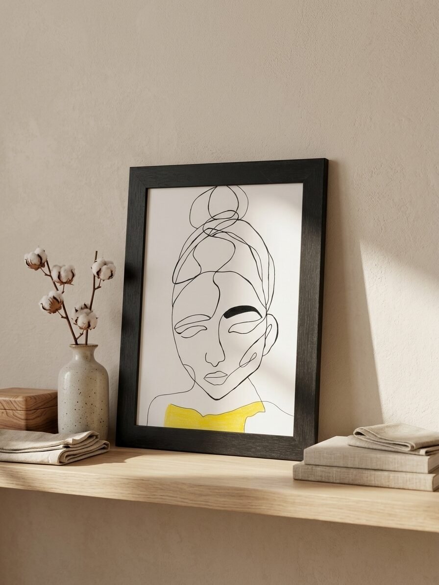 Line art illustration of a woman with abstract doodle patterns and artistic details