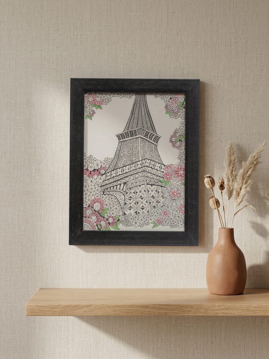 Handmade Paris artwork showcasing Eiffel Tower with travel inspired elements