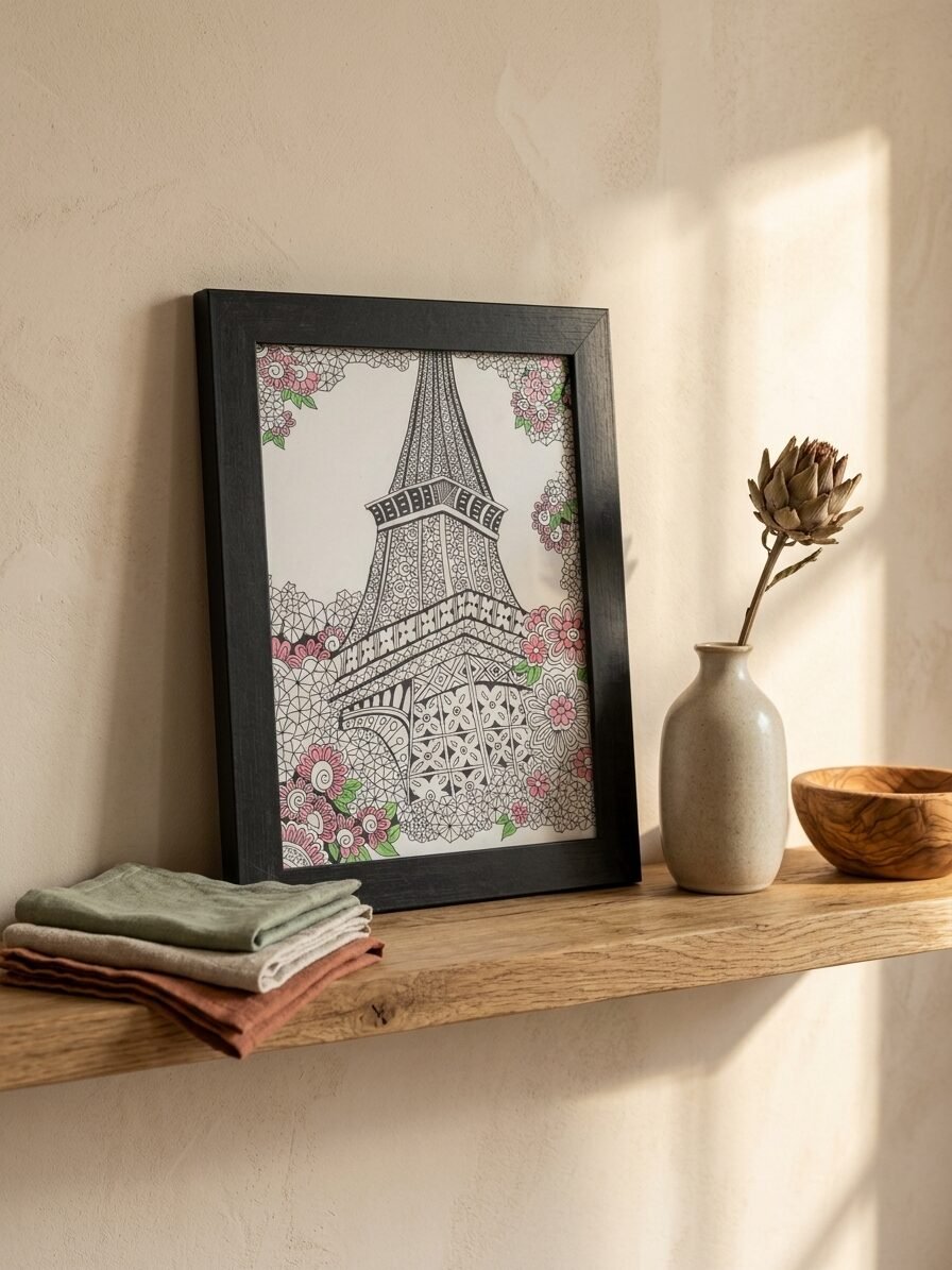 Eiffel Tower artwork featuring the iconic Paris landmark, architecture details, and artistic design