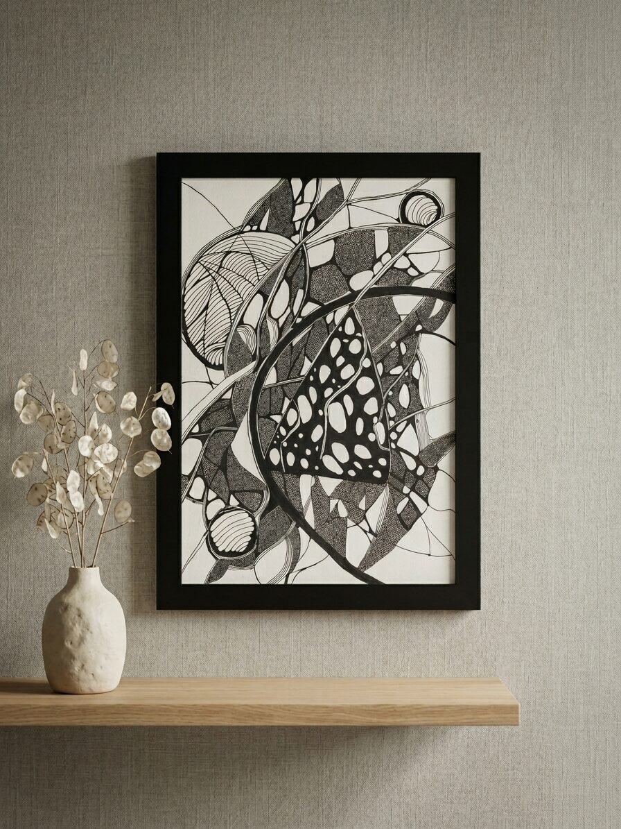 Handmade abstract artwork showcasing connected shapes and elegant compositions