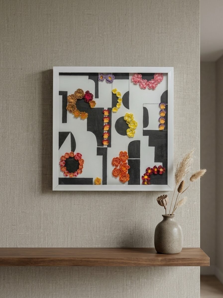 Handmade floral artwork combining botanical elements with modern geometric designs