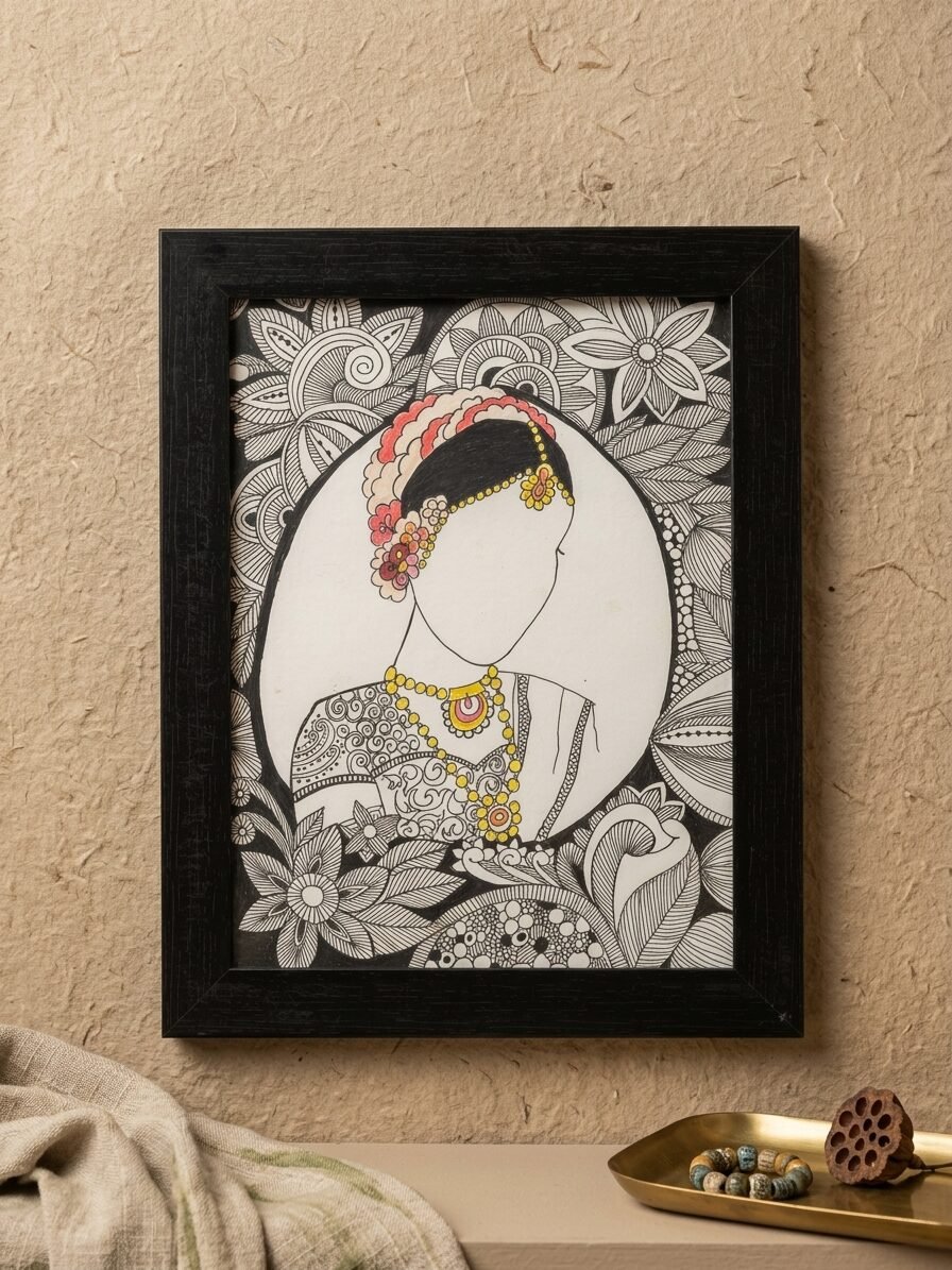 Handmade feminine artwork showcasing a faceless female figure with creative design elements
