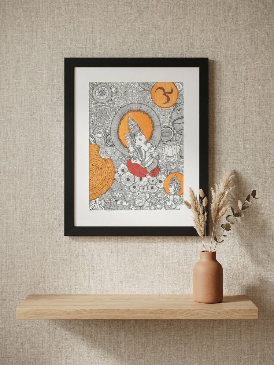 Ganapati artwork featuring Lord Ganesha, traditional Indian elements, and spiritual artistic details