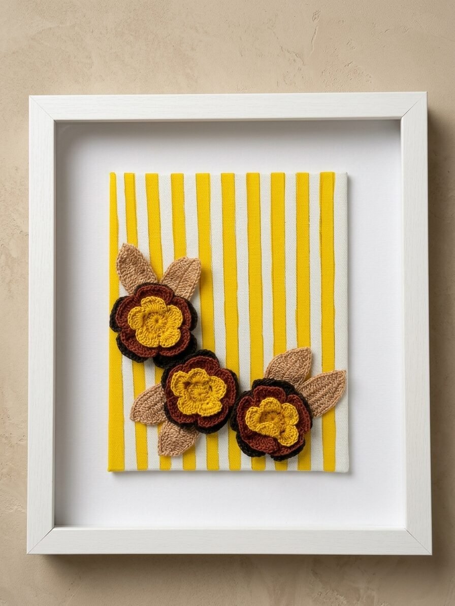 Golden Pulse Handcrafted Wall Art with crochet golden floral blooms