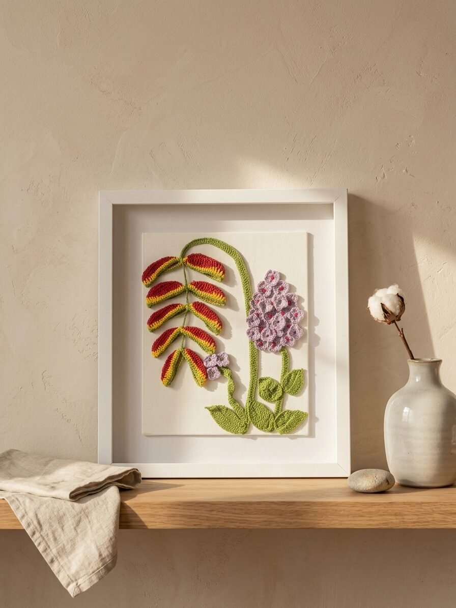 Creative botanical illustration featuring Heliconia flowers and tropical plant elements
