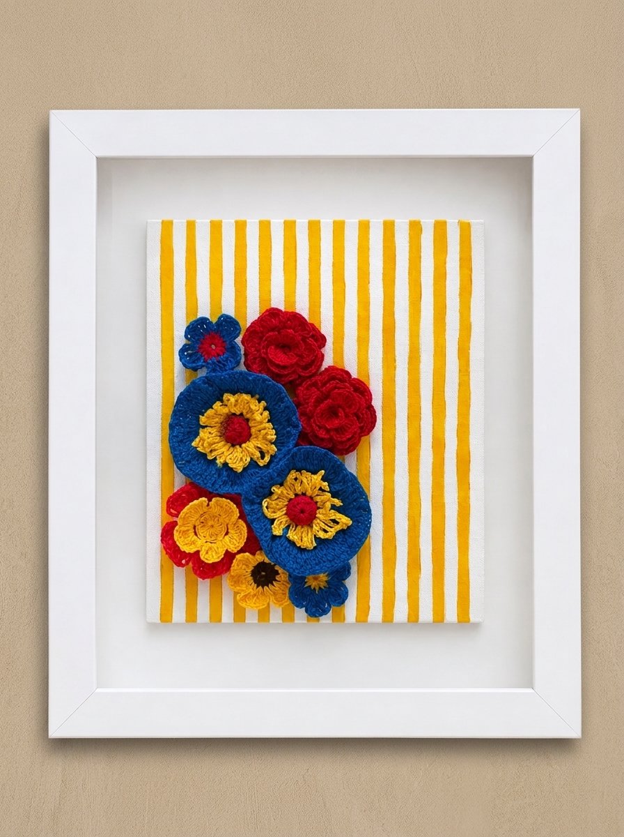 Indigo Petals Handcrafted Wall Art with crochet indigo flowers and floral details