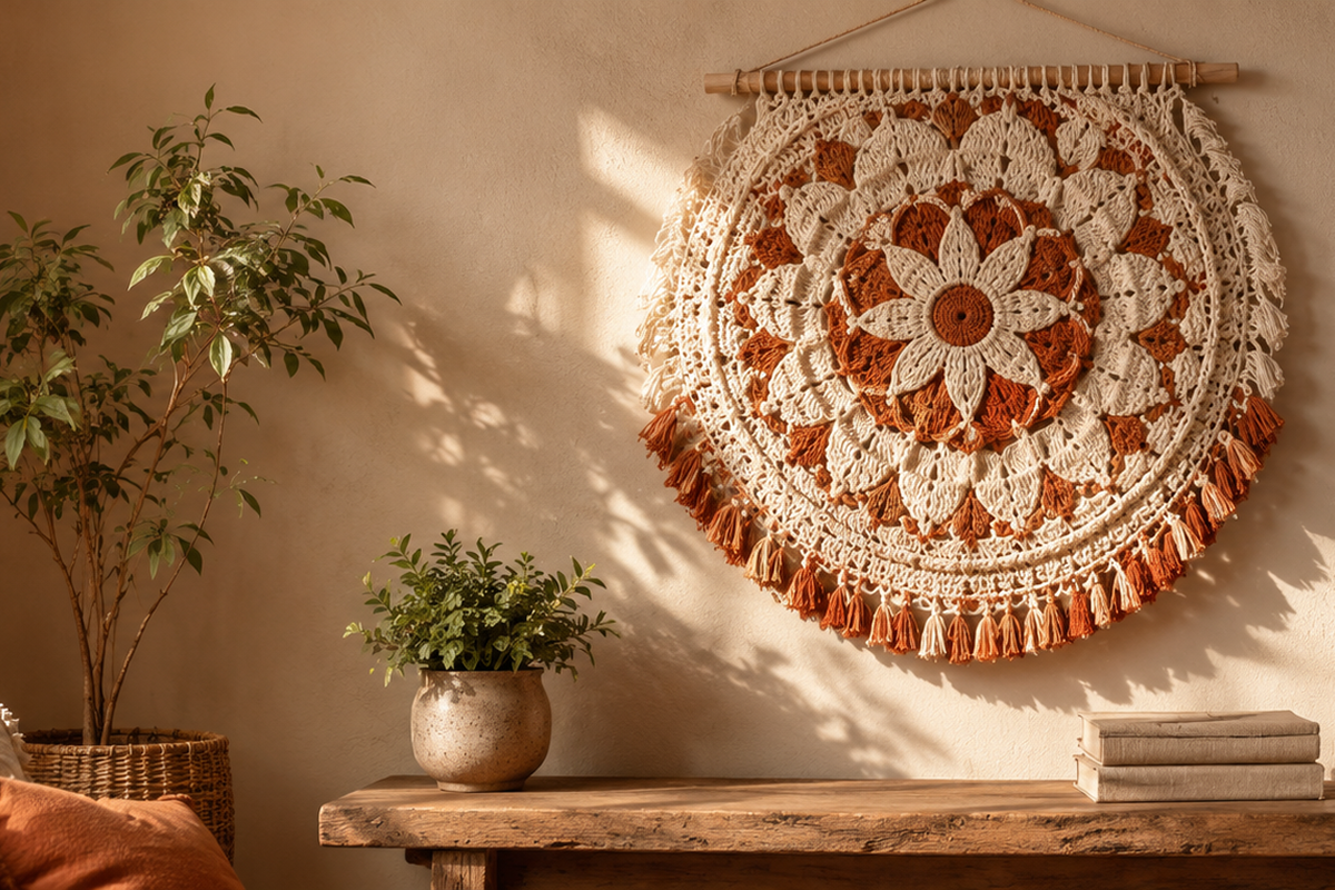 Handwoven macramé-inspired crochet wall hanging featuring elegant mandala artwork for modern home décor.