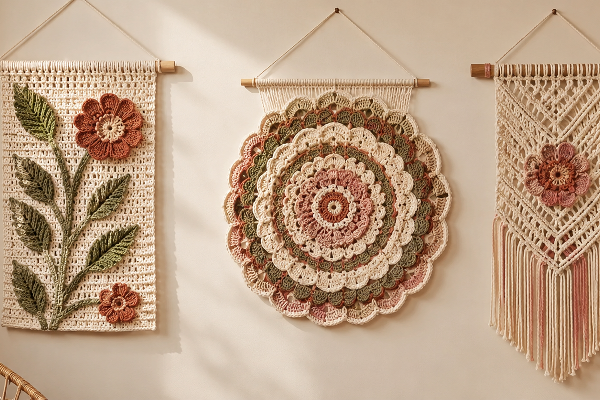 Handmade crochet mandala wall hanging featuring intricate round floral patterns in neutral earth tones for boho home décor.