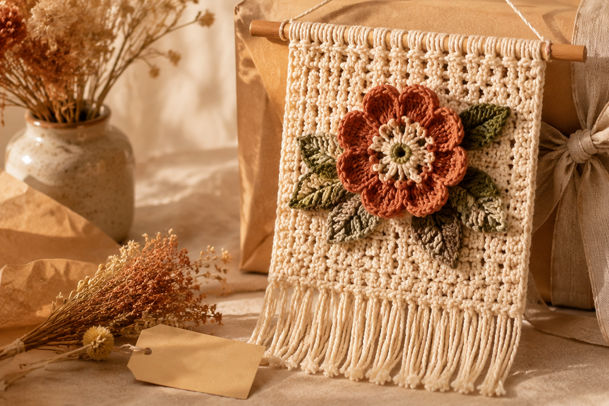 Boho-style crochet wall art made from cotton yarn with detailed circular patterns for living room decoration.