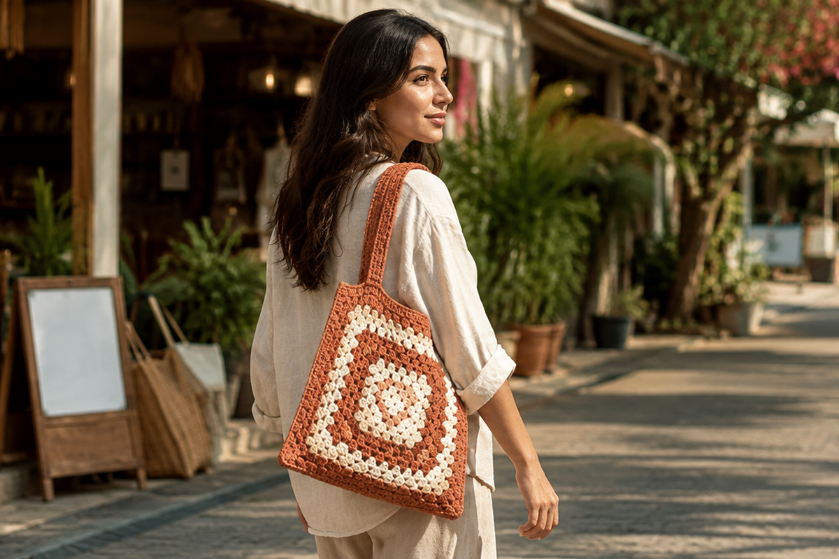 Handwoven thread women's tote bag with a stylish crochet design for everyday use.