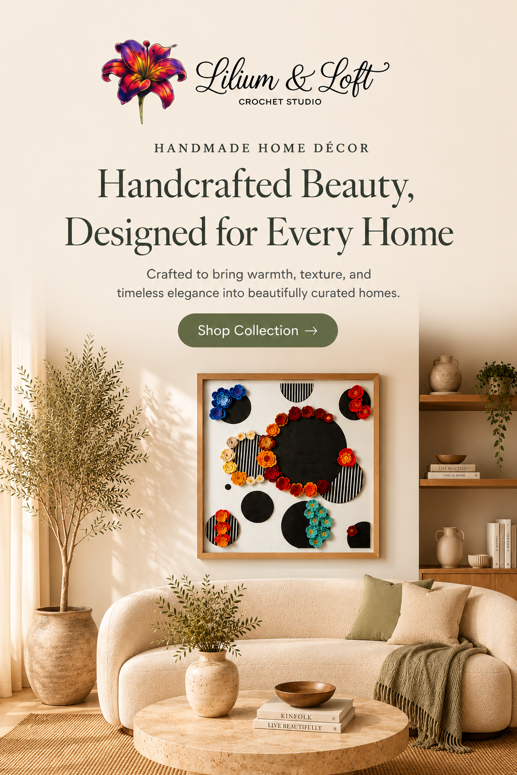 Banner featuring a message about thoughtfully illustrated artworks inspired by nature, culture, and contemporary design for modern home décor.