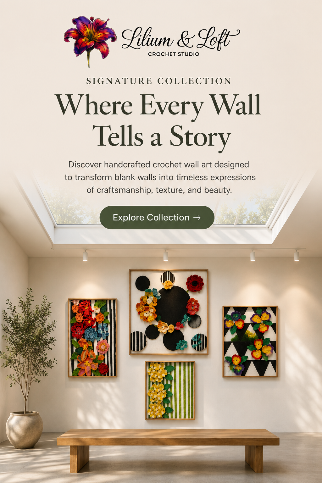 Banner featuring a message about thoughtfully illustrated artworks inspired by nature, culture, and contemporary design for modern home décor.