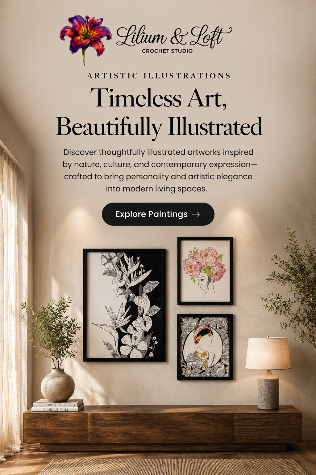 Banner featuring a message about thoughtfully illustrated artworks inspired by nature, culture, and contemporary design for modern home décor.