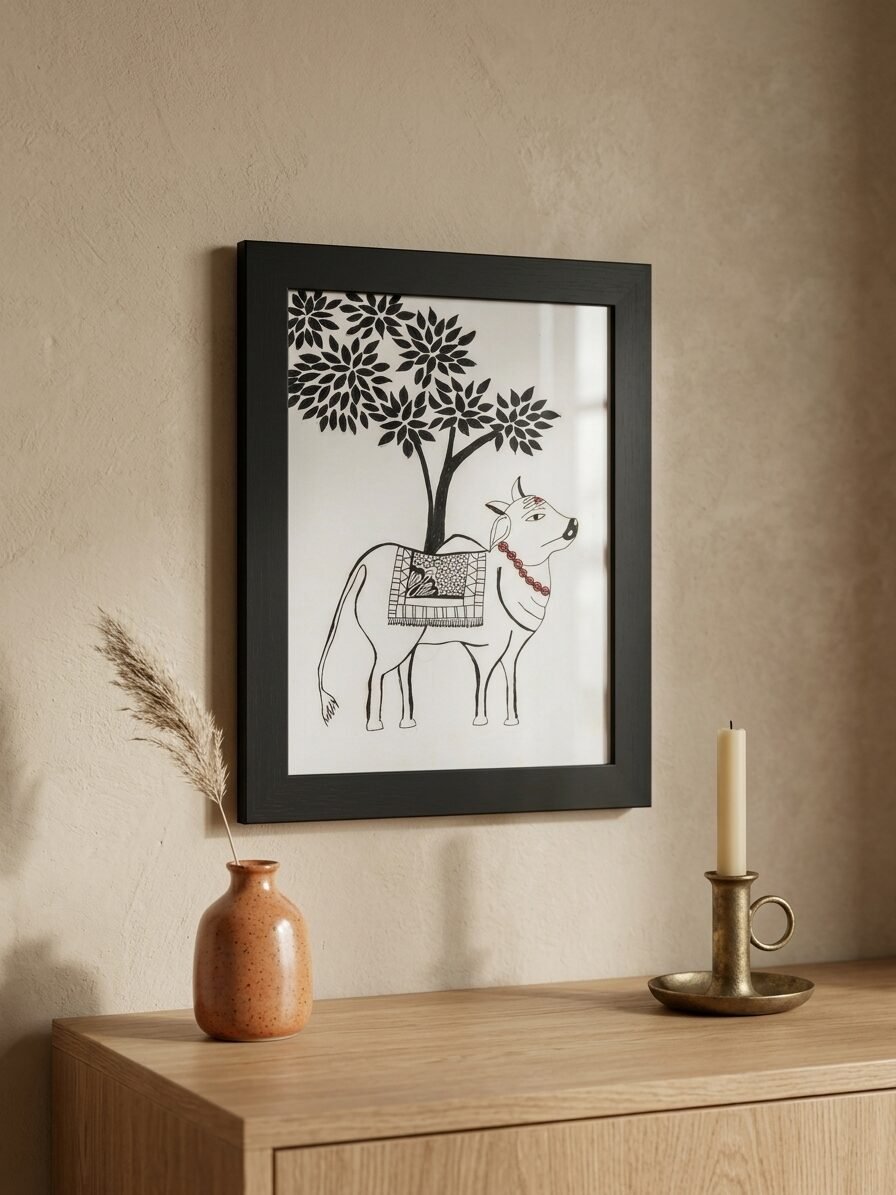 Indian devotional artwork featuring Nandhi with artistic patterns and details
