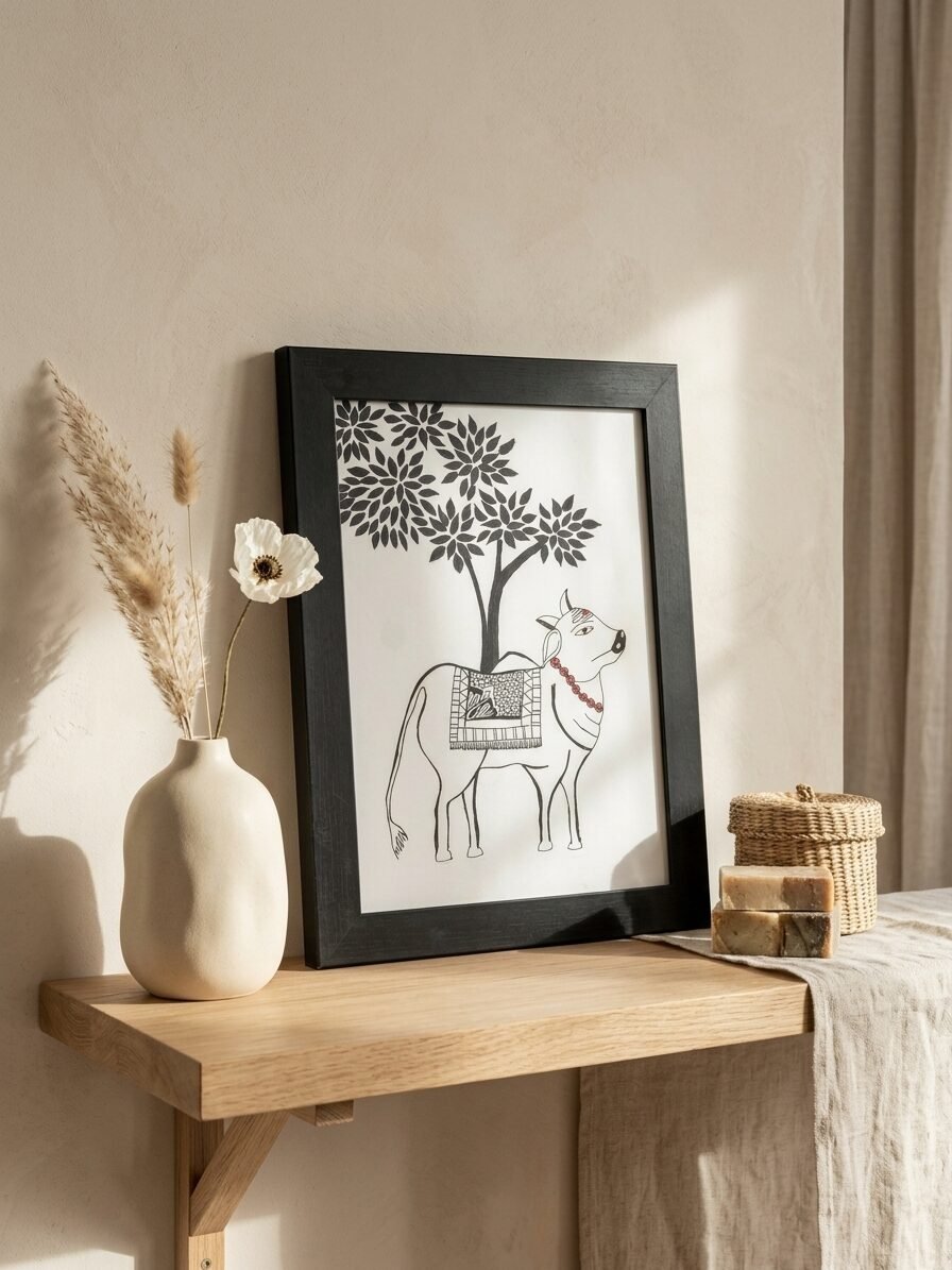 Nandhi artwork featuring sacred Nandi bull, traditional Indian elements, and spiritual details