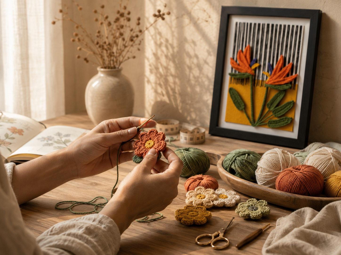 Artisan crochet flower bouquet wall art in a wooden frame, designed for elegant living room and bedroom decoration.