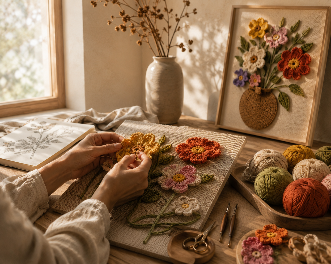 Artisan crochet flower bouquet wall art in a wooden frame, designed for elegant living room and bedroom decoration.