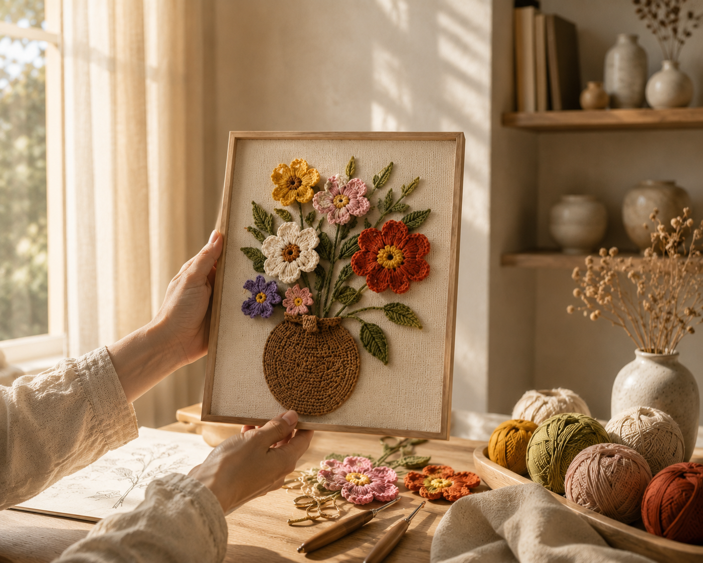 Handmade crochet flower wall art featuring colorful floral bouquet in a woven vase inside a wooden frame for home décor.