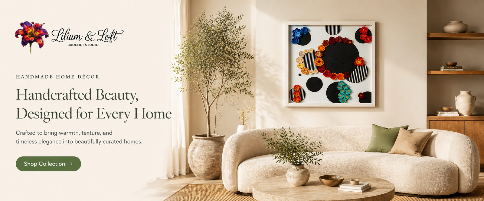 Banner featuring a message about thoughtfully illustrated artworks inspired by nature, culture, and contemporary design for modern home décor.