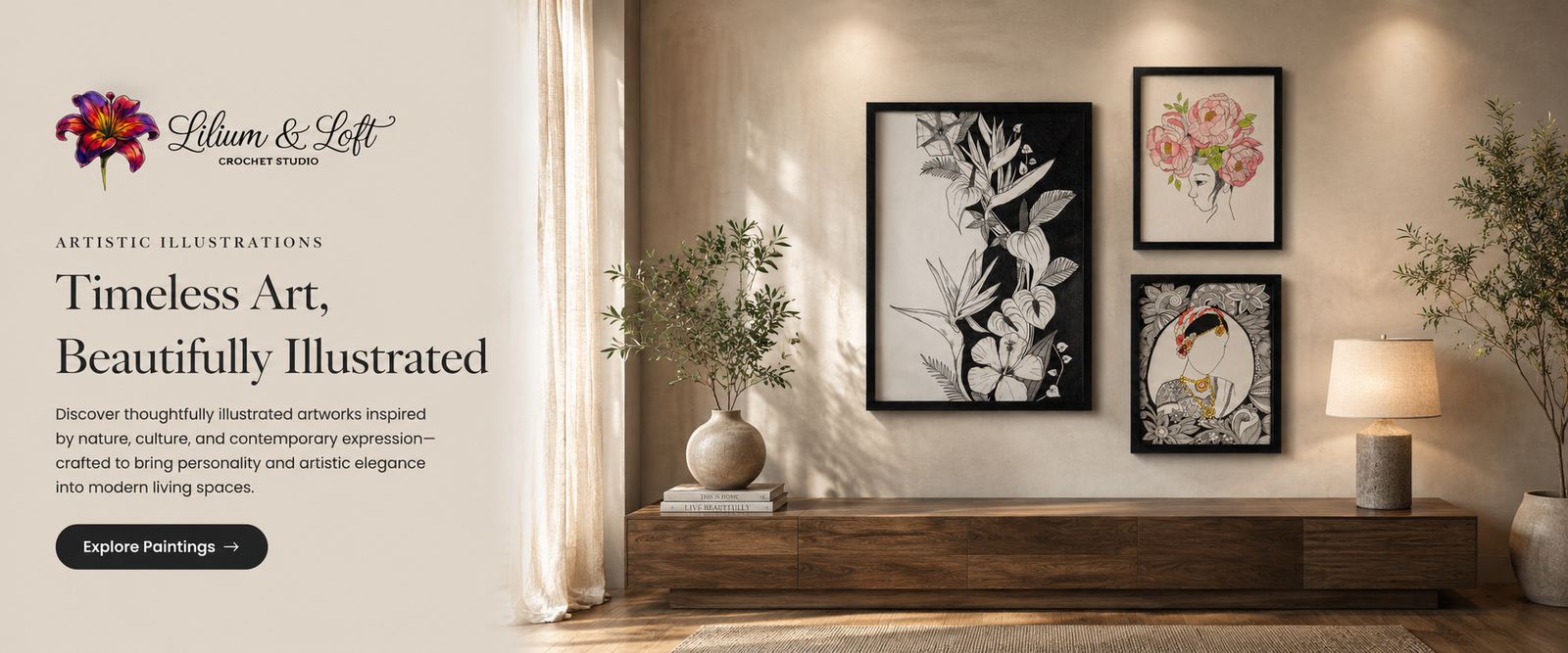 Website banner promoting illustrated wall art inspired by nature, culture, and contemporary artistic expression.