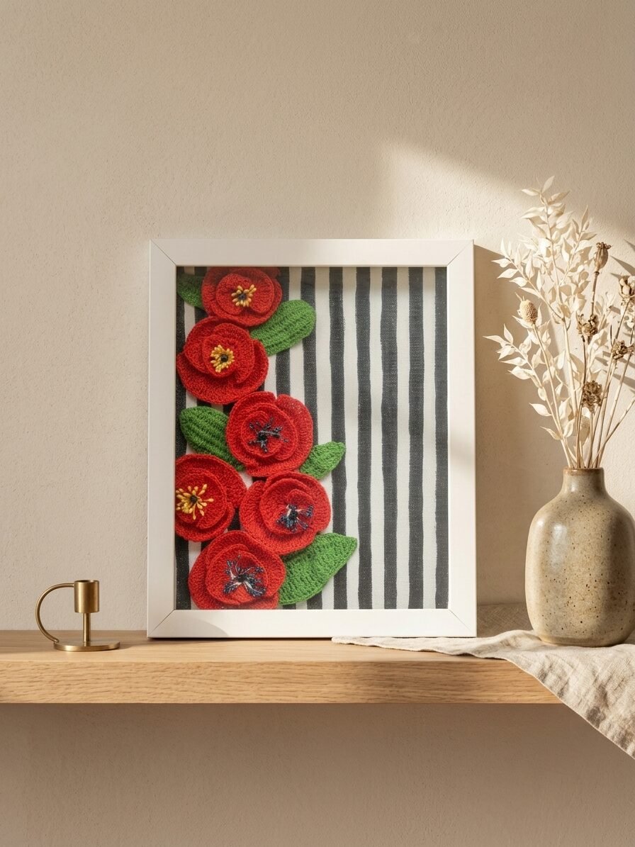 Poppy Parade artwork featuring vibrant poppy flowers, floral patterns, and artistic details
