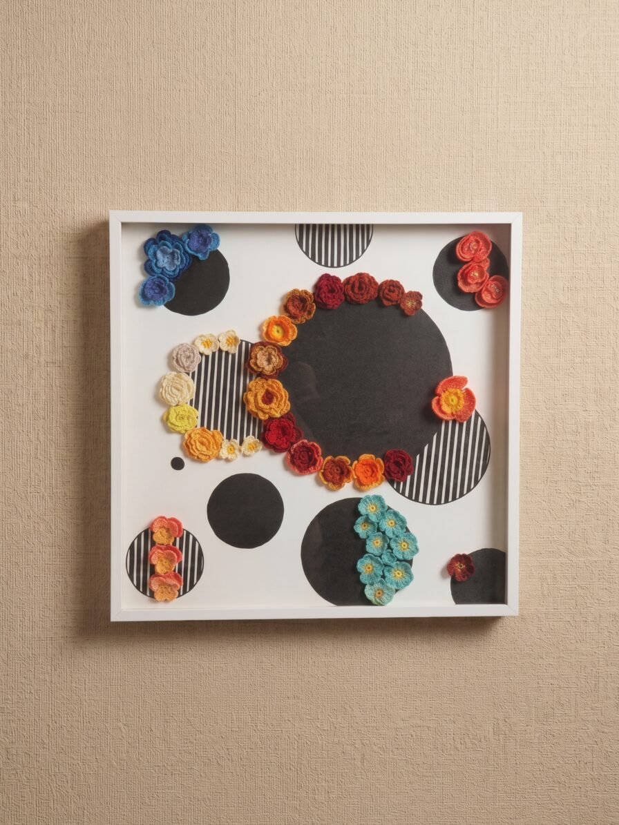 Circles of Bloom Wall Art handcrafted crochet floral artwork on geometric canvas by Lilium and Loft