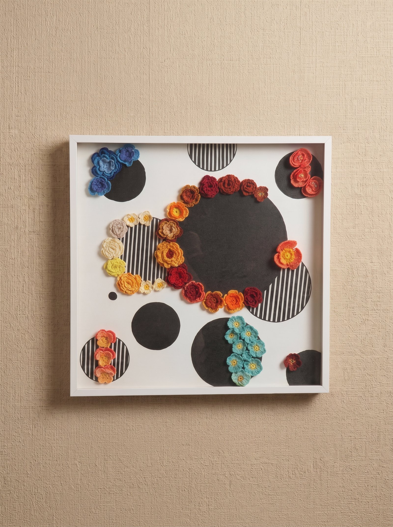 Circles of Bloom Wall Art handcrafted crochet floral artwork on geometric canvas by Lilium and Loft