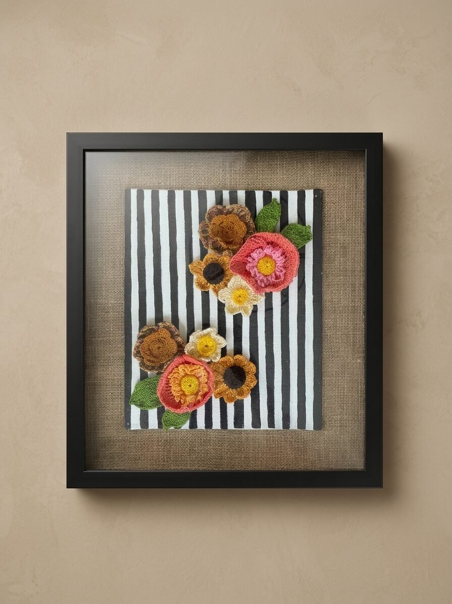 Rustic Blossom Handcrafted Wall Art with crochet rustic floral blooms