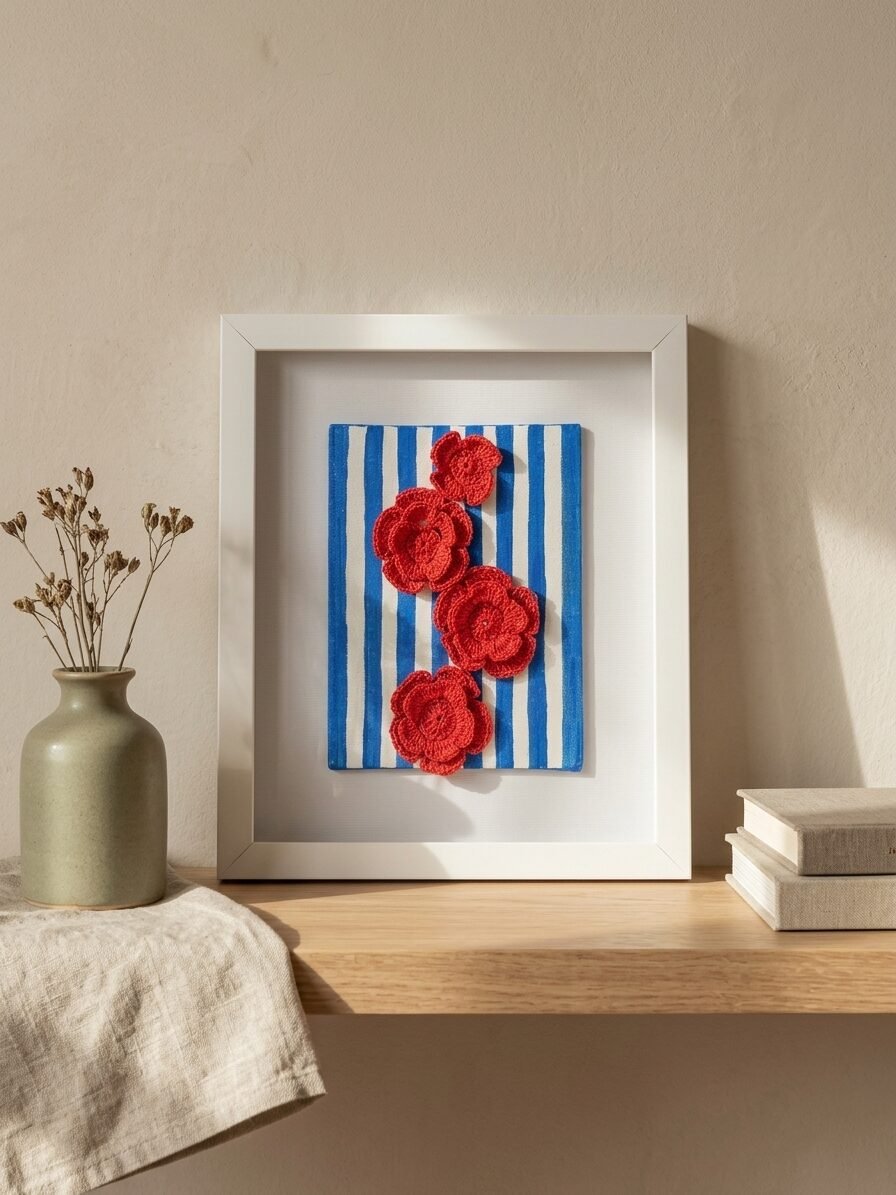 Ruby Blossoms artwork featuring vibrant red flowers, floral patterns, and artistic details