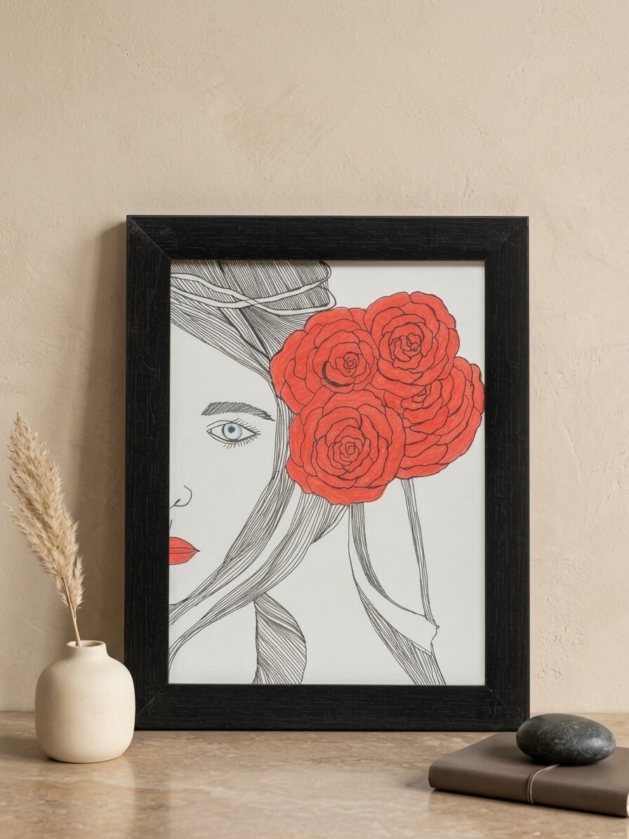 Handmade feminine artwork showcasing a woman portrait with vibrant scarlet accents