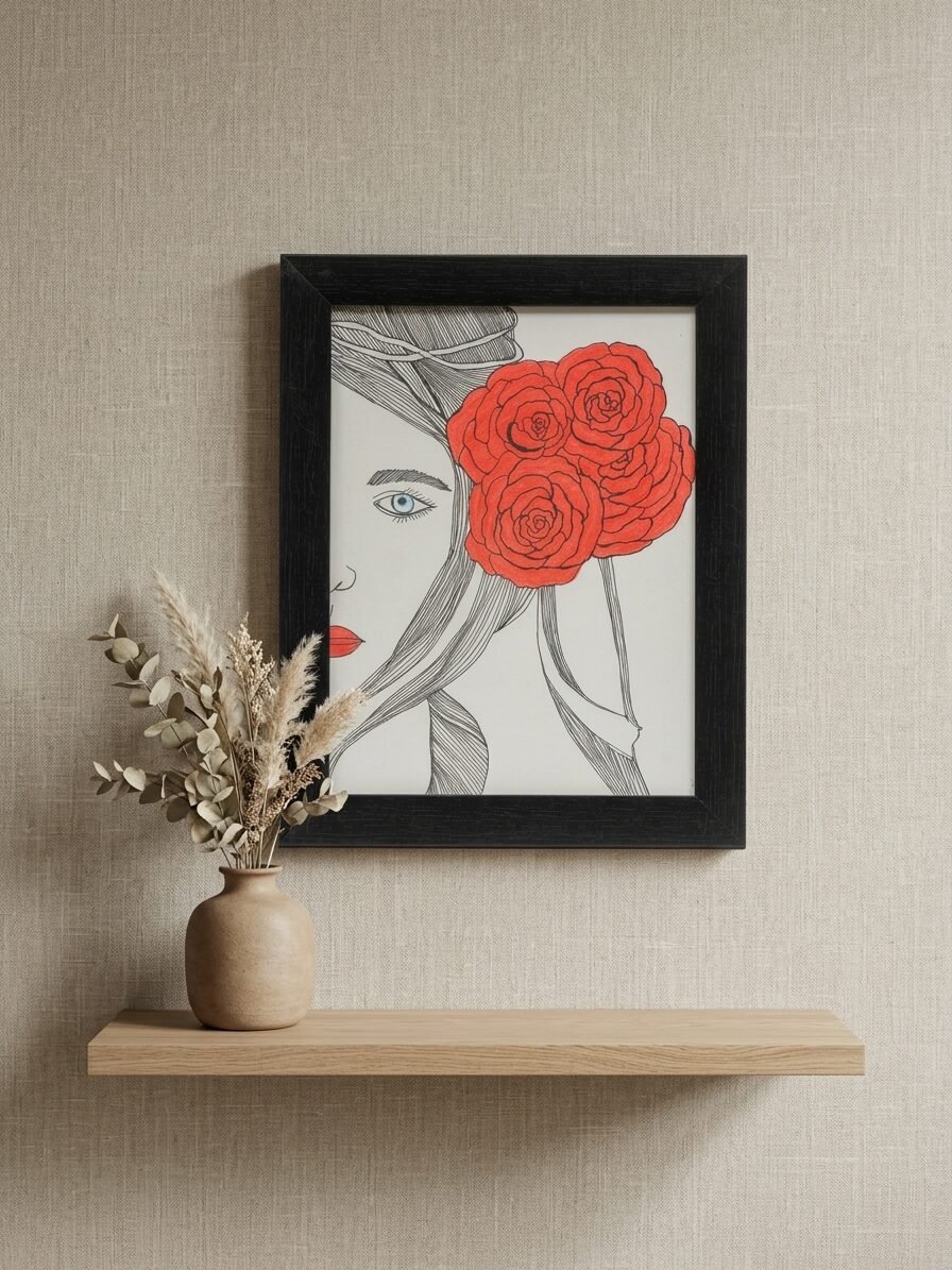 Scarlet Lady artwork featuring an elegant female portrait, red tones, and artistic details