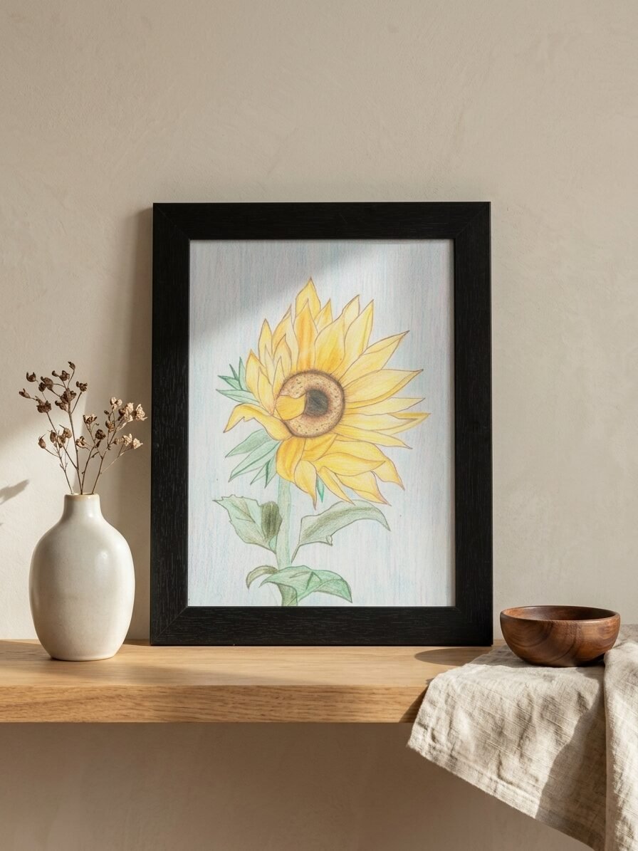 Sun Flower artwork featuring bright yellow petals, floral patterns, and artistic details