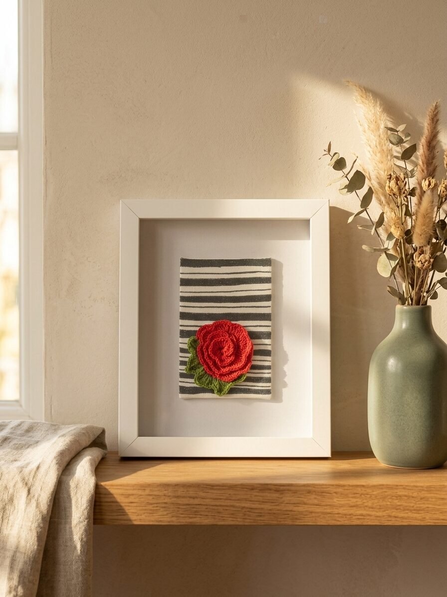 Scarlet Rose artwork featuring a vibrant red rose, floral patterns, and artistic details