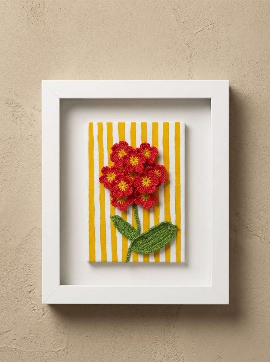 Summer Scarlet Handcrafted Wall Art with crochet scarlet flowers and green leaves